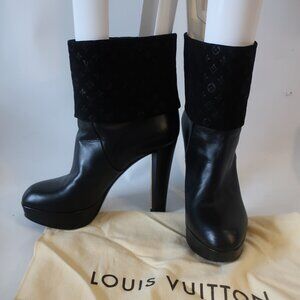 Authentic Louis Vuitton Blk Leather LV Logo Suede Art Deco Heel Boot 37.5 US/7.5